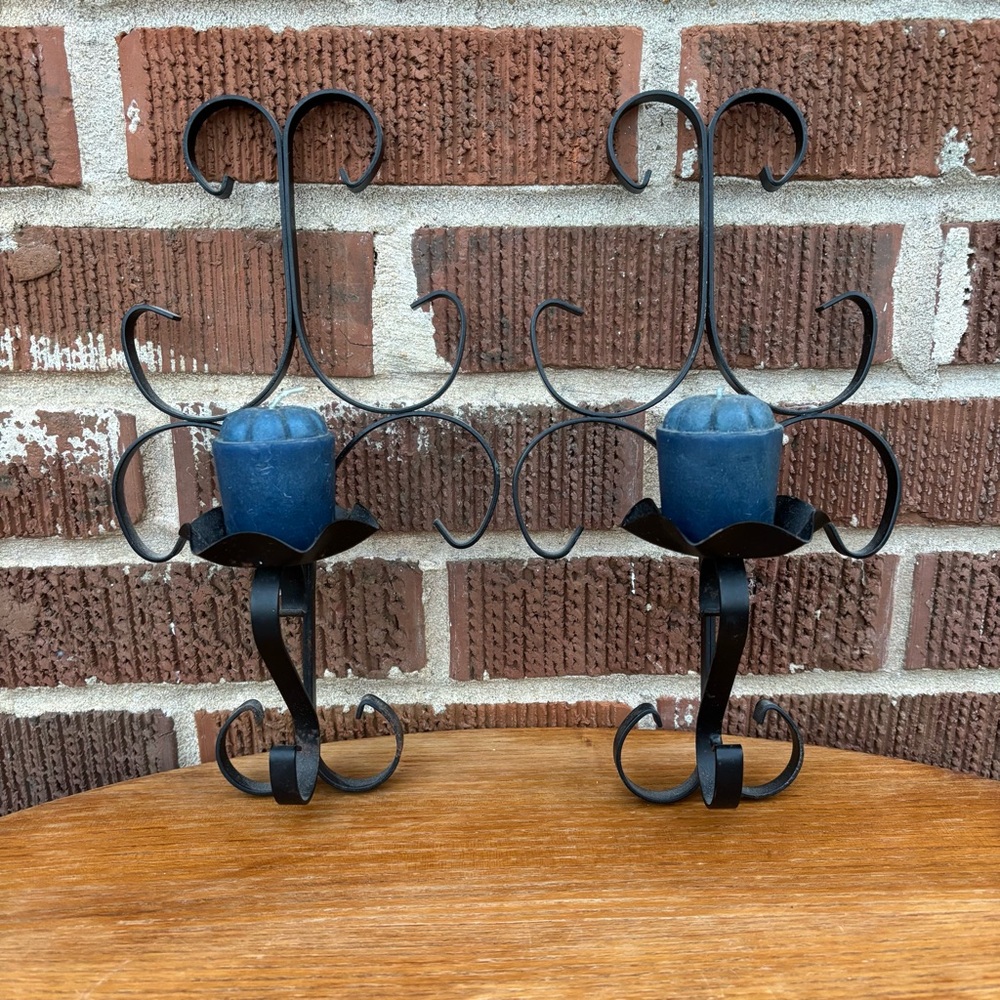 Black Wrought Iron Candle Holder Wall Hanging Vintage MCM Set of 2